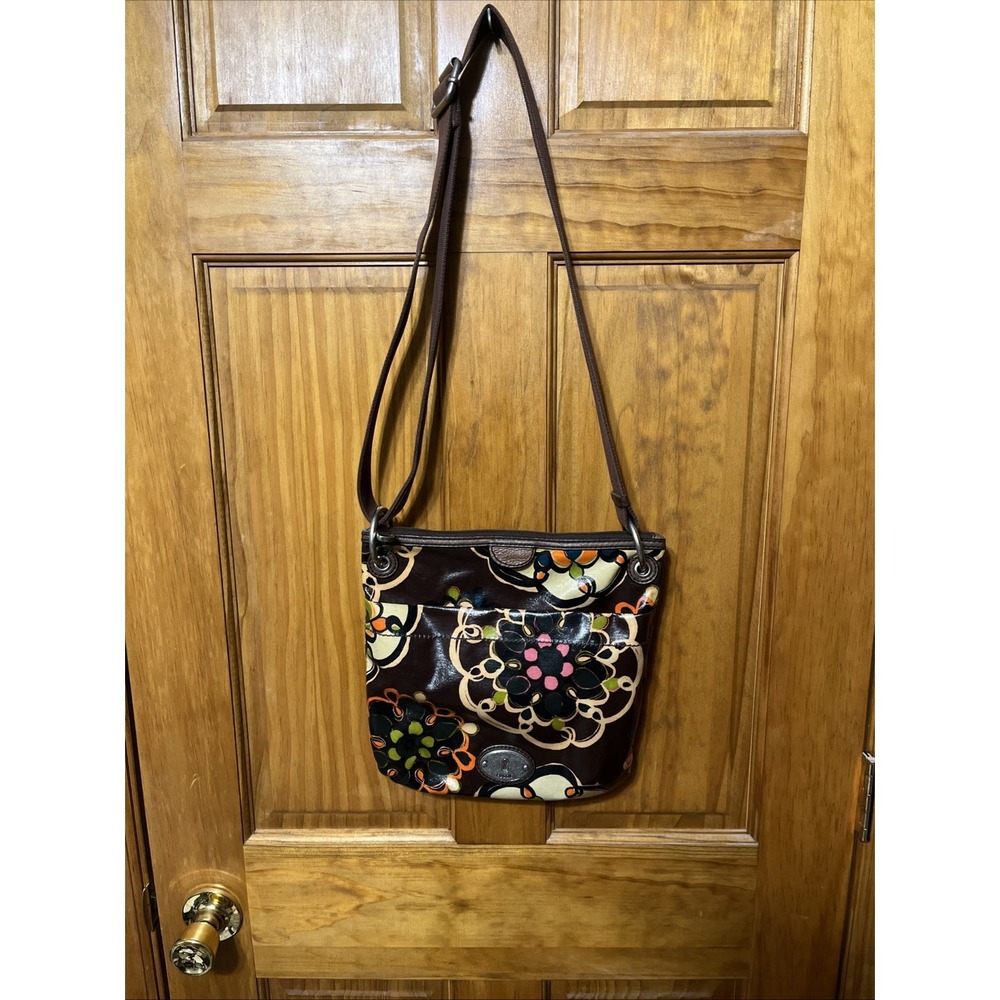 Fossil Key-Per Brown With Multi Colors Coated Canvas Crossbody Purse